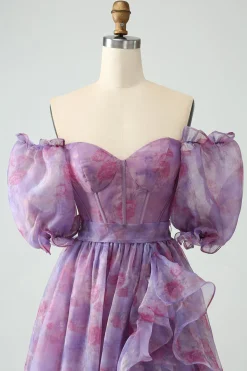 Roxo Uma Linha Pescoço Quadrado Corset Prom Dress Com Fenda