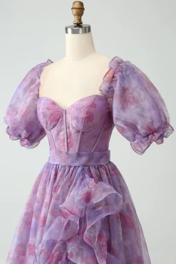 Roxo Uma Linha Pescoço Quadrado Corset Prom Dress Com Fenda