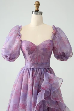 Roxo Uma Linha Pescoço Quadrado Corset Prom Dress Com Fenda