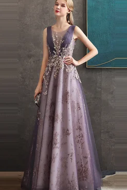 Roxo Uma Linha Pescoço Redondo Tule Vestido Longo Baile