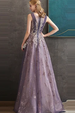 Roxo Uma Linha Pescoço Redondo Tule Vestido Longo Baile