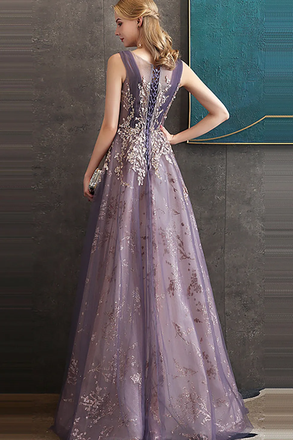 Roxo Uma Linha Pescoço Redondo Tule Vestido Longo Baile