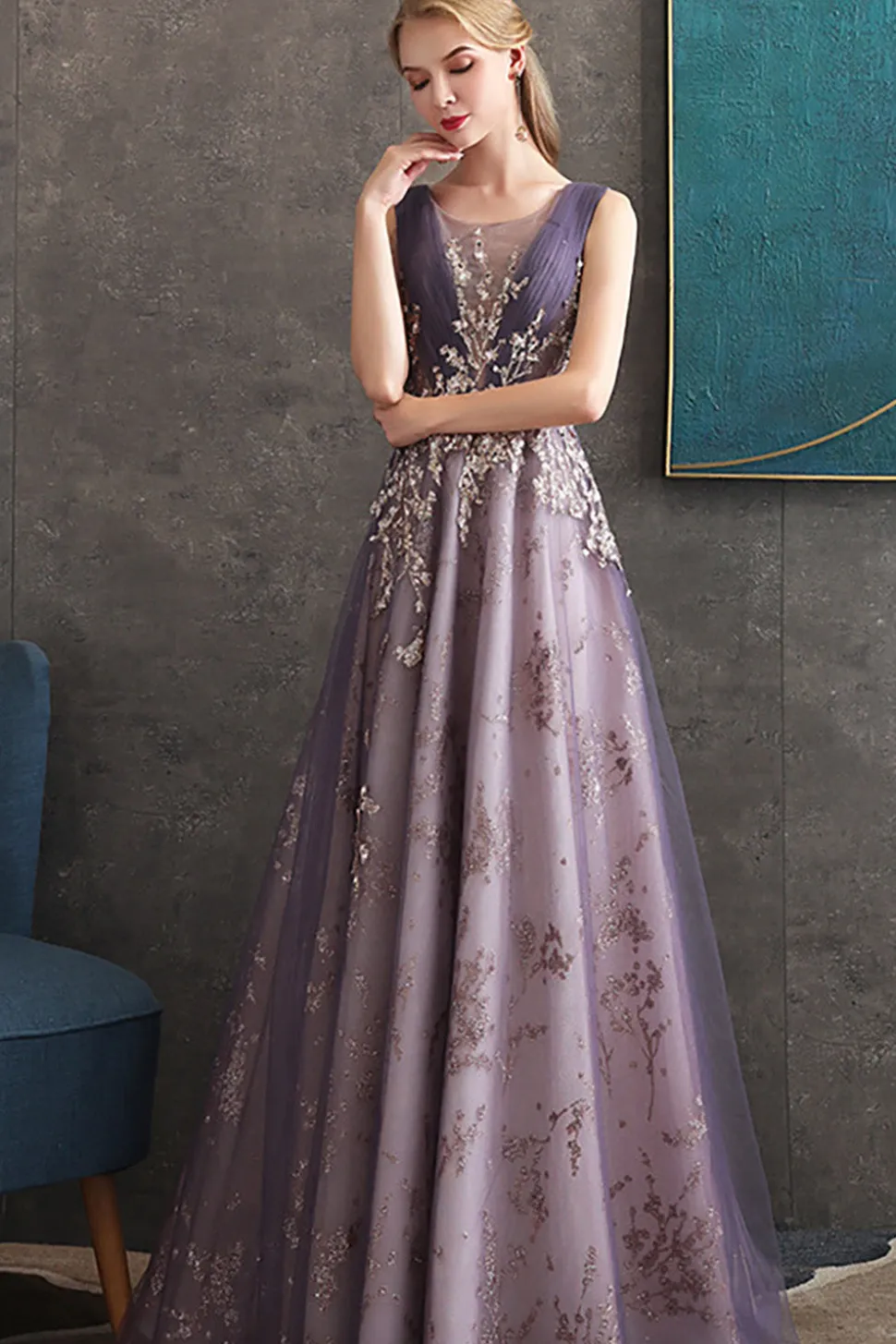 Roxo Uma Linha Pescoço Redondo Tule Vestido Longo Baile