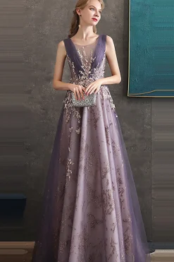 Roxo Uma Linha Pescoço Redondo Tule Vestido Longo Baile