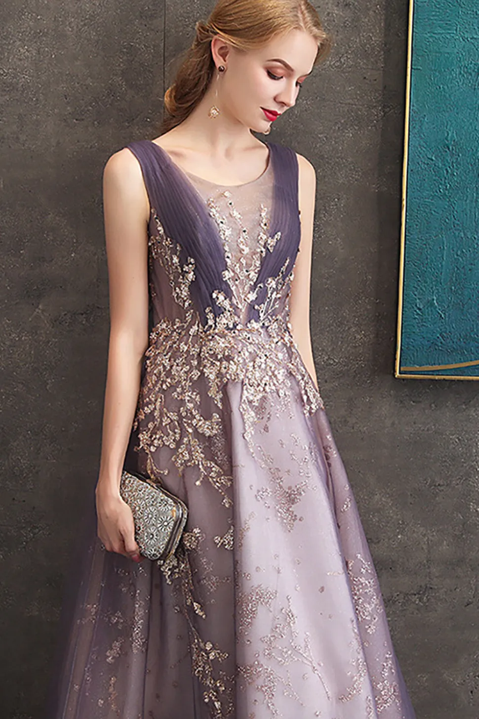 Roxo Uma Linha Pescoço Redondo Tule Vestido Longo Baile