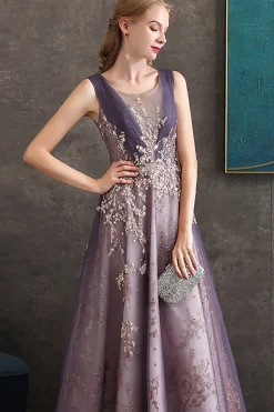 Roxo Uma Linha Pescoço Redondo Tule Vestido Longo Baile