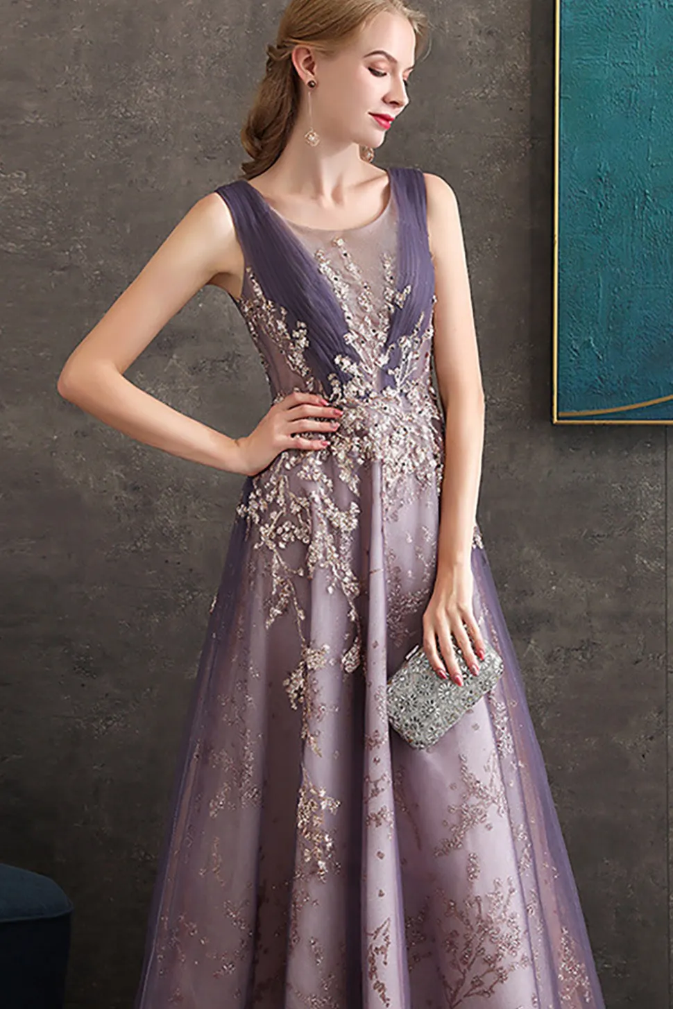 Roxo Uma Linha Pescoço Redondo Tule Vestido Longo Baile
