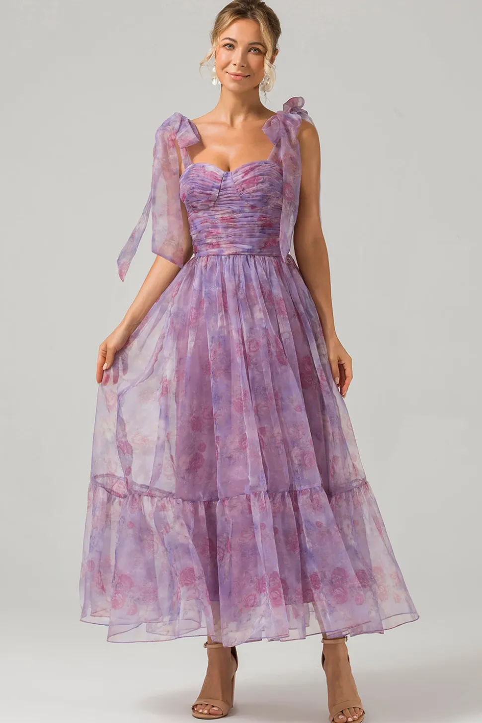 Roxo Uma linha plissado impresso chá - comprimento vestido de baile