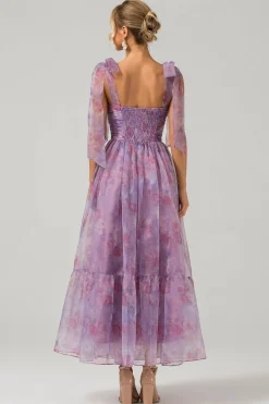 Roxo Uma linha plissado impresso chá - comprimento vestido de baile