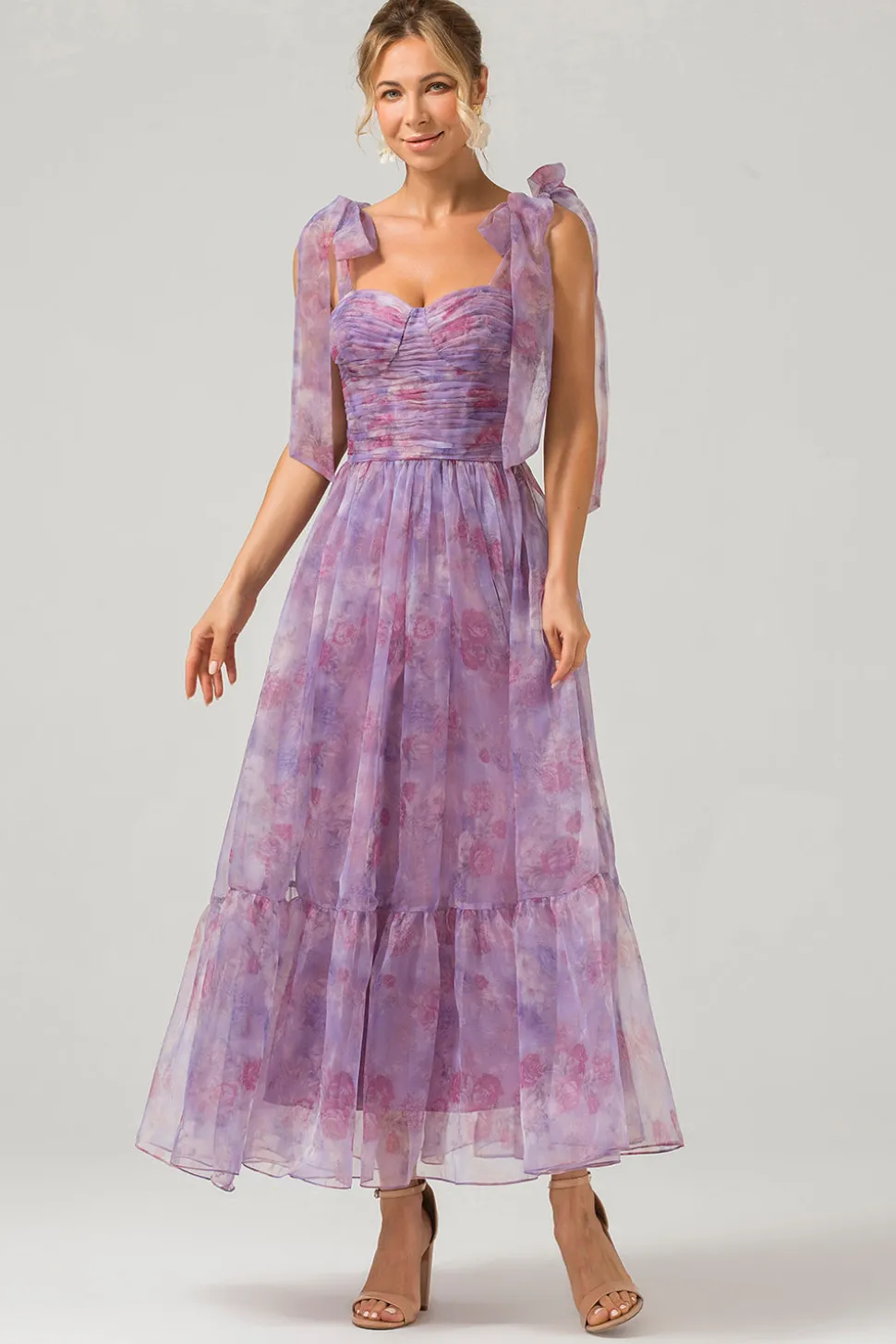 Roxo Uma linha plissado impresso chá - comprimento vestido de baile