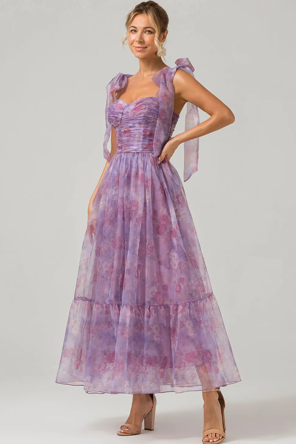 Roxo Uma linha plissado impresso chá - comprimento vestido de baile