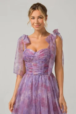 Roxo Uma linha plissado impresso chá - comprimento vestido de baile