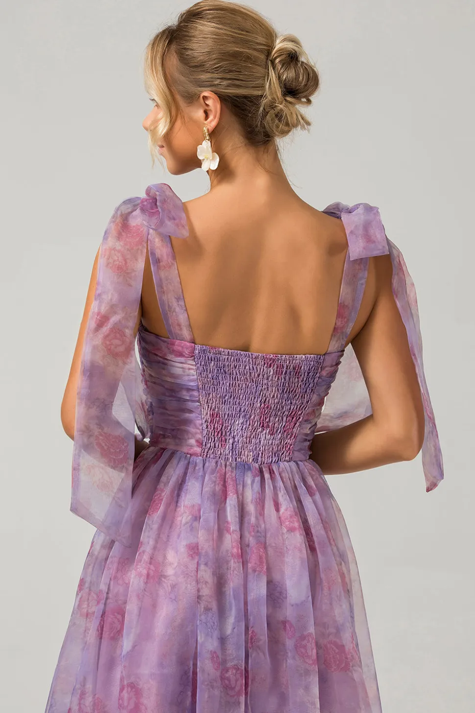 Roxo Uma linha plissado impresso chá - comprimento vestido de baile