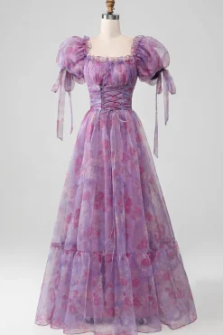 Roxo Uma Linha Print Lace-Up Long Prom Dress Com Mangas Puff