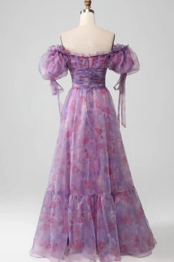 Roxo Uma Linha Print Lace-Up Long Prom Dress Com Mangas Puff