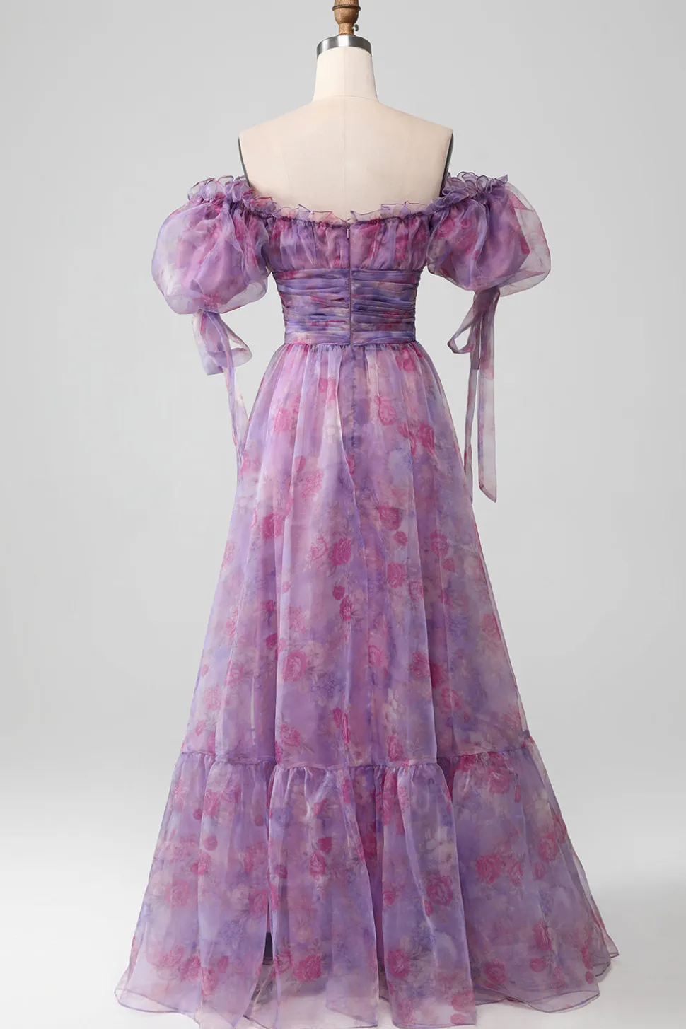 Roxo Uma Linha Print Lace-Up Long Prom Dress Com Mangas Puff