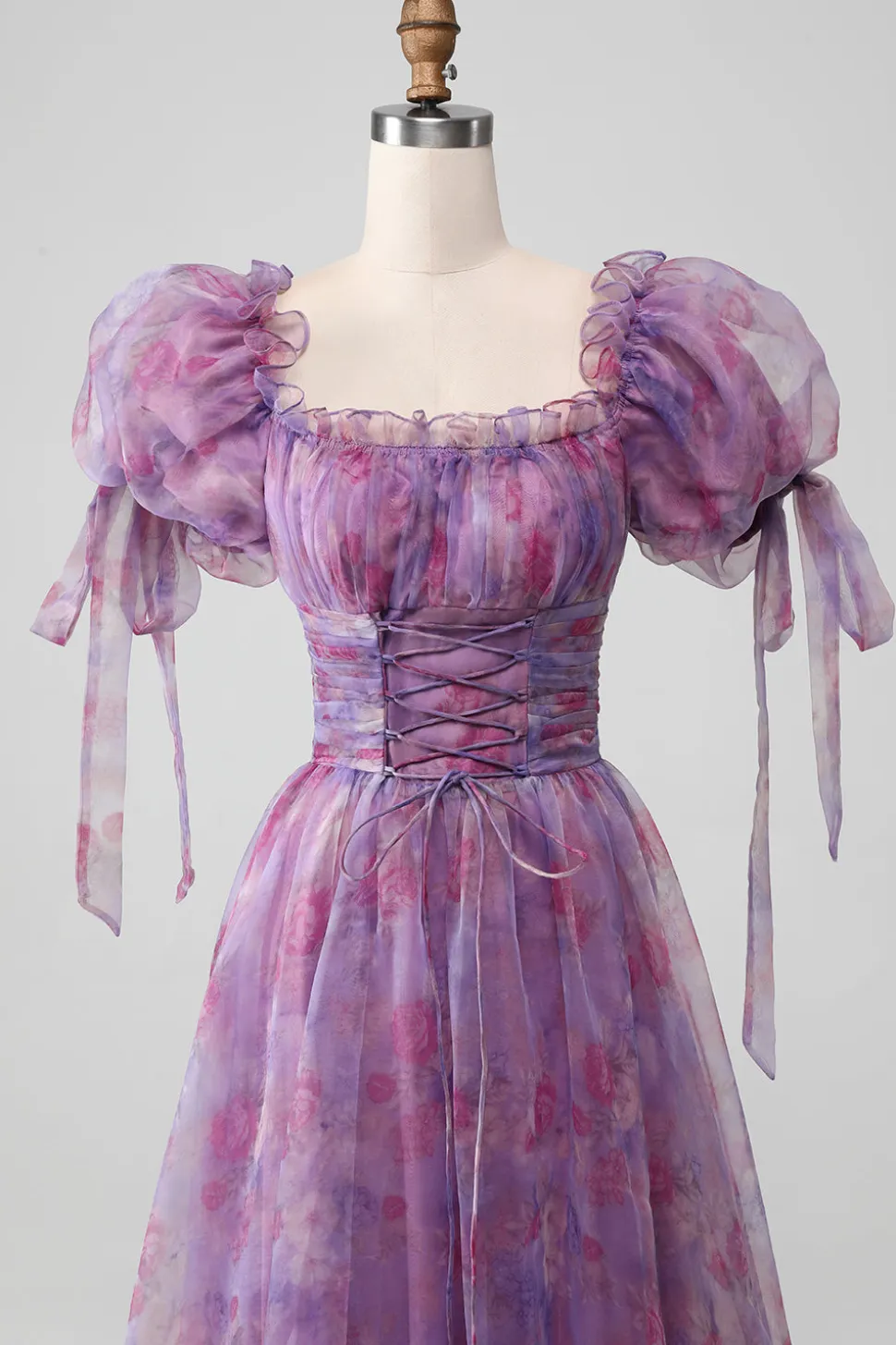 Roxo Uma Linha Print Lace-Up Long Prom Dress Com Mangas Puff