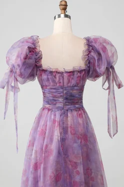 Roxo Uma Linha Print Lace-Up Long Prom Dress Com Mangas Puff