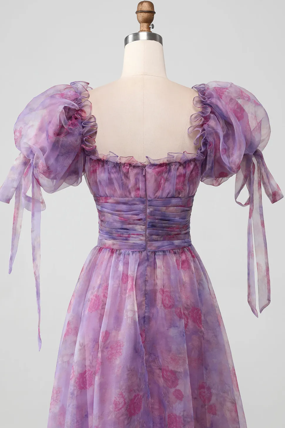 Roxo Uma Linha Print Lace-Up Long Prom Dress Com Mangas Puff