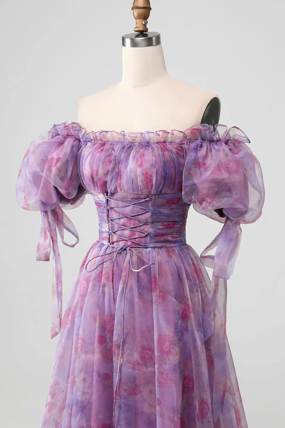 Roxo Uma Linha Print Lace-Up Long Prom Dress Com Mangas Puff