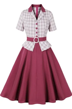 roxo vermelho xadrez mangas curtas swing vestido dos anos 1950