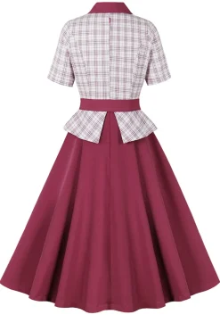 roxo vermelho xadrez mangas curtas swing vestido dos anos 1950