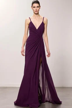 Roxo V-Neck Ruched Bainha Vestido de Noite Longo com Fenda