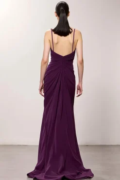 Roxo V-Neck Ruched Bainha Vestido de Noite Longo com Fenda