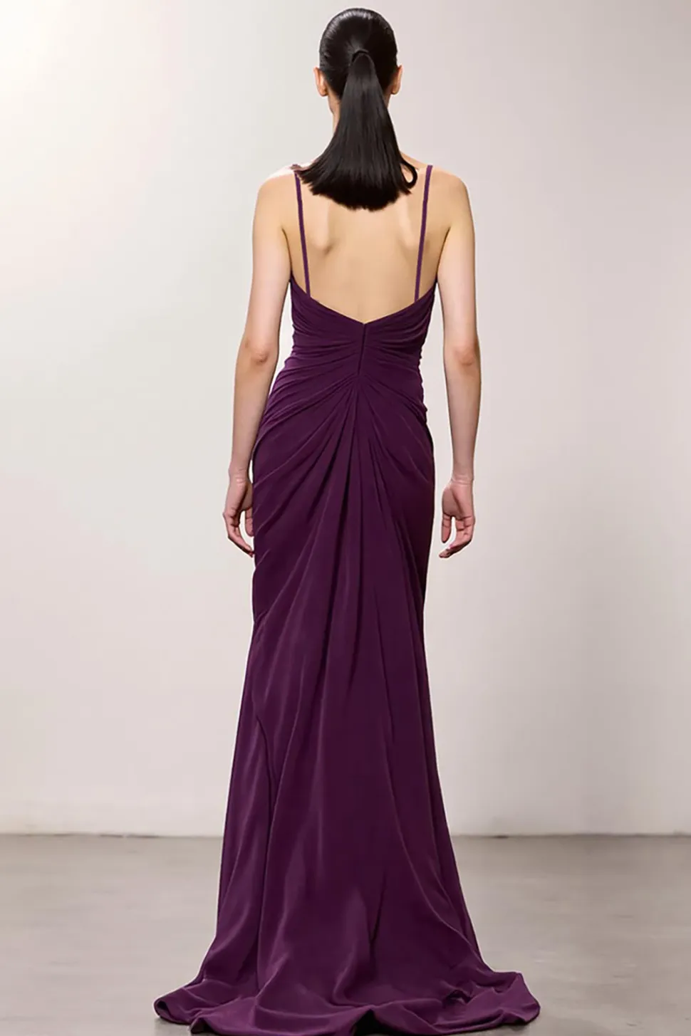 Roxo V-Neck Ruched Bainha Vestido de Noite Longo com Fenda