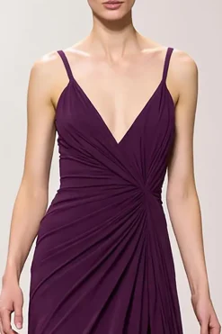Roxo V-Neck Ruched Bainha Vestido de Noite Longo com Fenda
