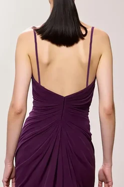 Roxo V-Neck Ruched Bainha Vestido de Noite Longo com Fenda