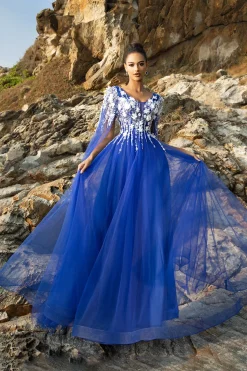 Royal Blue A Line Appliqued Tulle Vestido de Noite