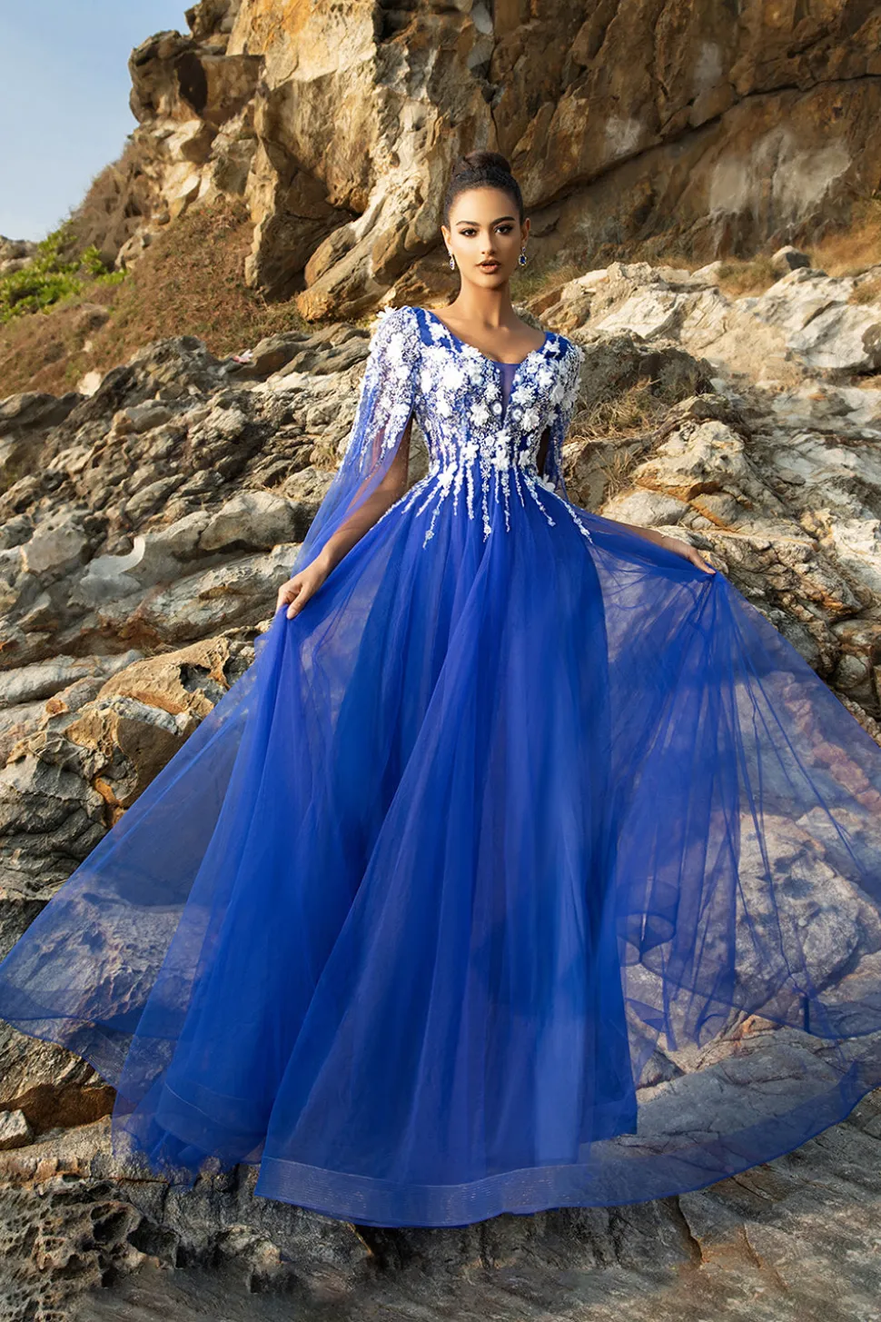 Royal Blue A Line Appliqued Tulle Vestido de Noite