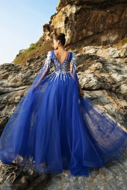 Royal Blue A Line Appliqued Tulle Vestido de Noite