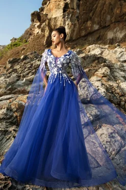 Royal Blue A Line Appliqued Tulle Vestido de Noite