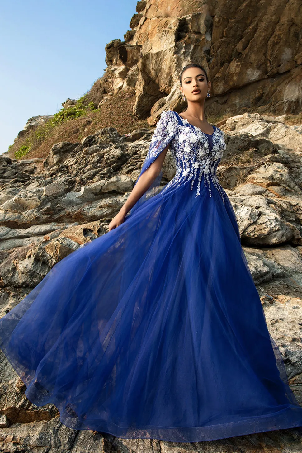 Royal Blue A Line Appliqued Tulle Vestido de Noite