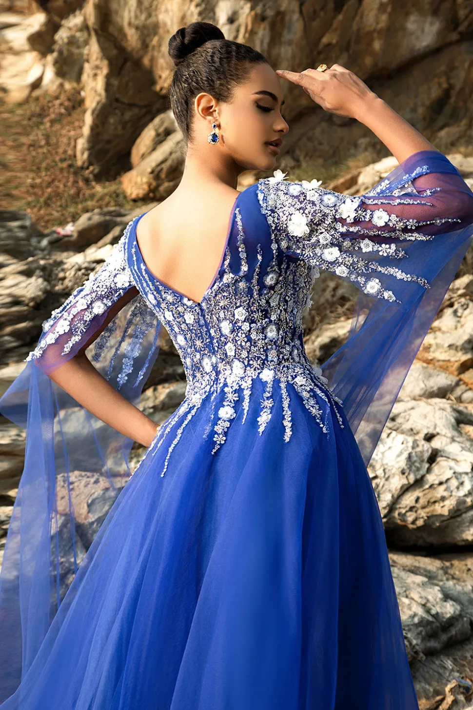 Royal Blue A Line Appliqued Tulle Vestido de Noite