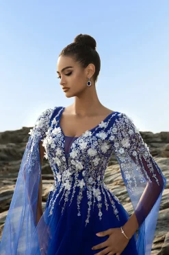 Royal Blue A Line Appliqued Tulle Vestido de Noite