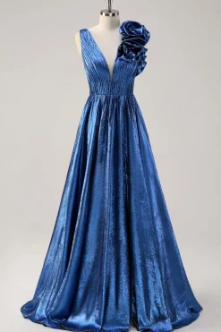 Royal Blue A Line Deep V-Neck Vestido de Baile Metálico com Detalhe Floral Ombro