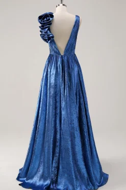 Royal Blue A Line Deep V-Neck Vestido de Baile Metálico com Detalhe Floral Ombro