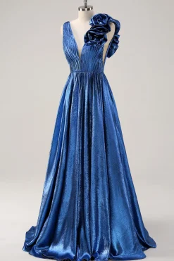 Royal Blue A Line Deep V-Neck Vestido de Baile Metálico com Detalhe Floral Ombro