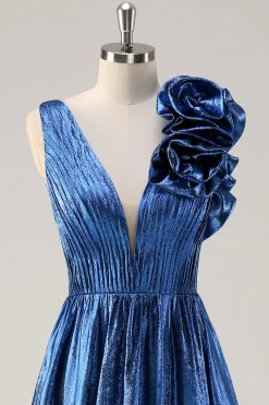 Royal Blue A Line Deep V-Neck Vestido de Baile Metálico com Detalhe Floral Ombro