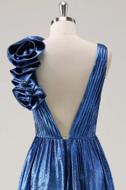 Royal Blue A Line Deep V-Neck Vestido de Baile Metálico com Detalhe Floral Ombro