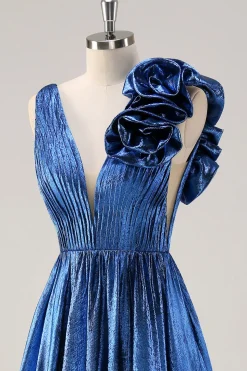 Royal Blue A Line Deep V-Neck Vestido de Baile Metálico com Detalhe Floral Ombro