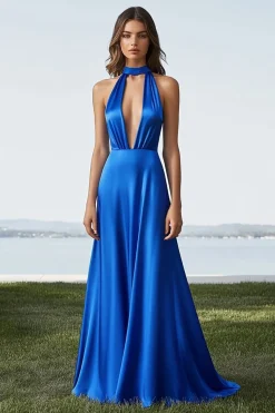 Royal Blue A Line Halter Cut out Cetim Vestido Formal Longo