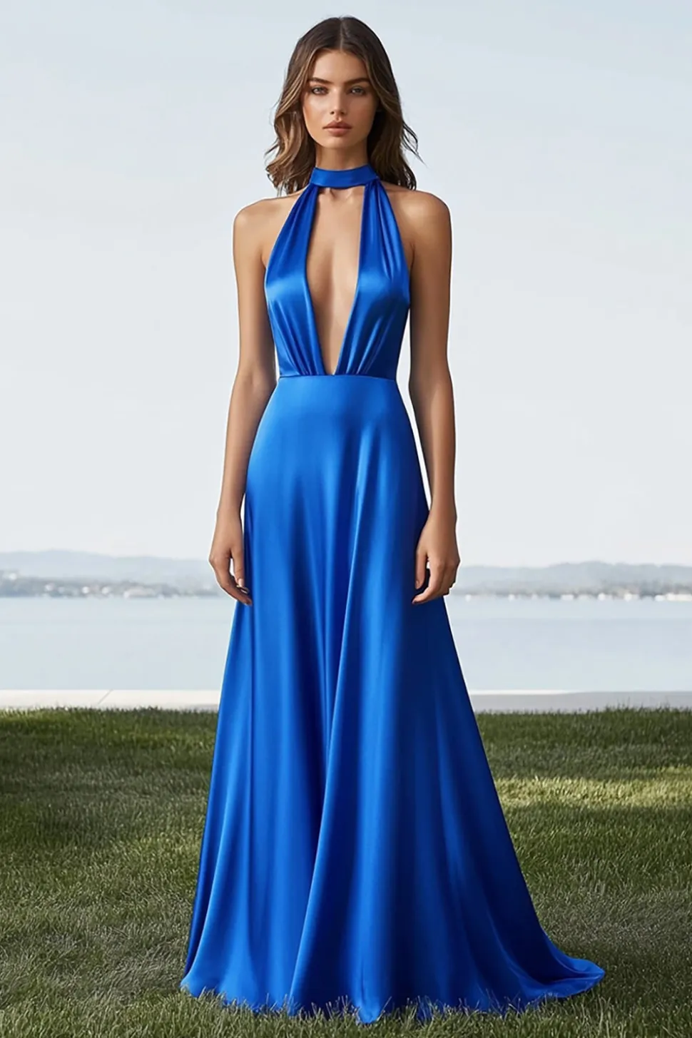 Royal Blue A Line Halter Cut out Cetim Vestido Formal Longo