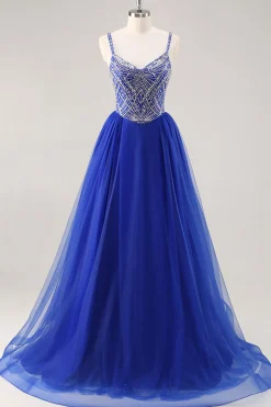 Royal Blue A Line Long Prom Dress com Missangas