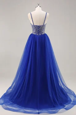 Royal Blue A Line Long Prom Dress com Missangas
