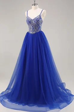 Royal Blue A Line Long Prom Dress com Missangas