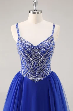 Royal Blue A Line Long Prom Dress com Missangas